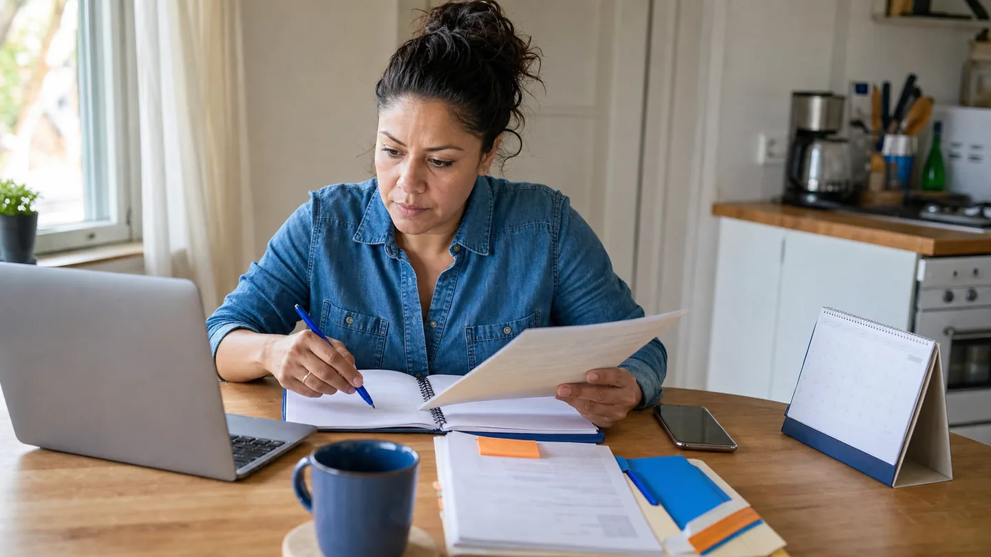 Person comparing eligibility requirements with a notebook, calendar and laptop