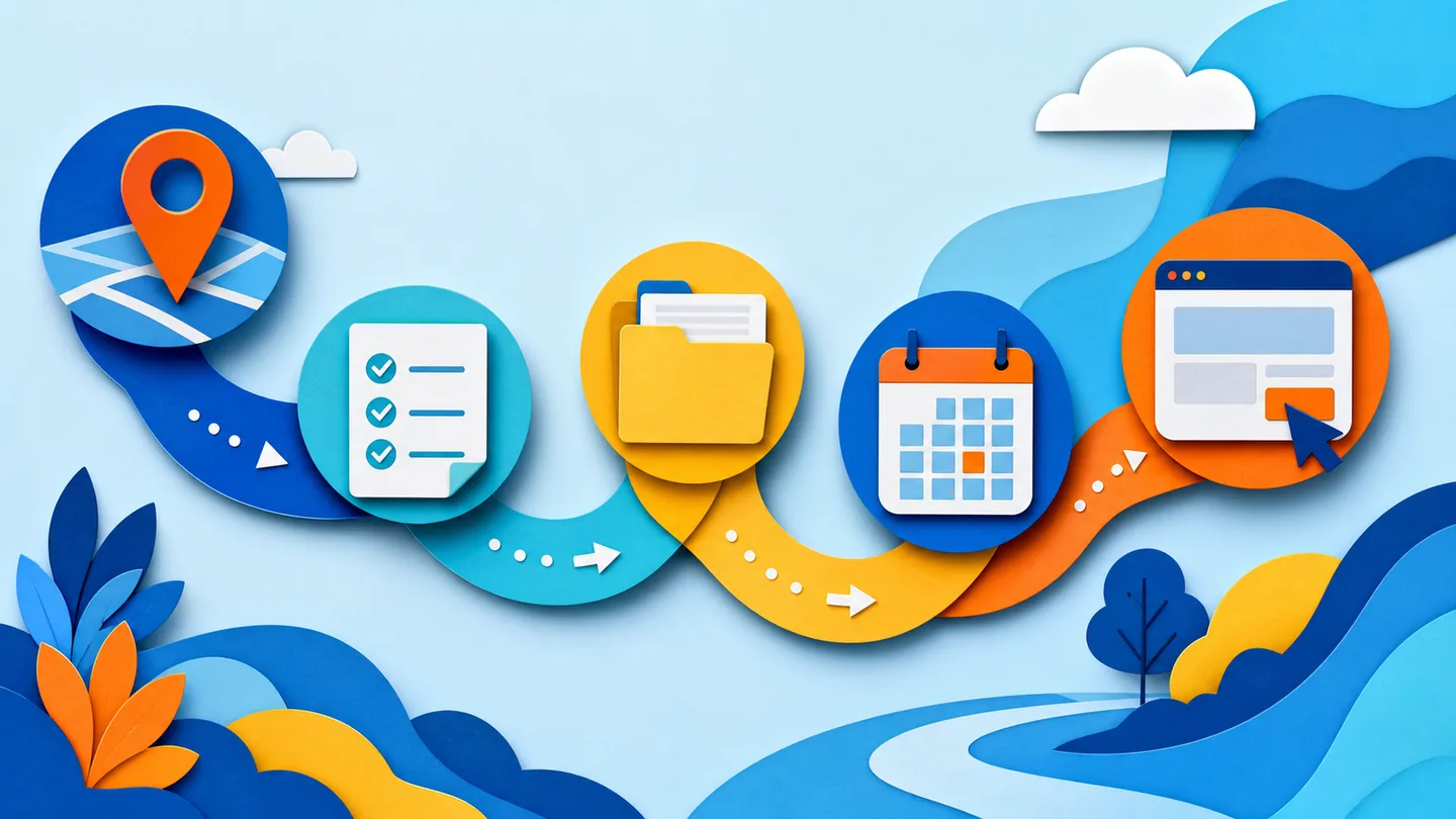 Illustrated path from location and eligibility checks to documents and application timing